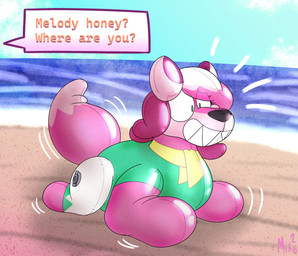 after_transformation all_fours beach female forced_smile inflation pool_toy pooltoy_transformation pupils shake_lines small_pupils solo speech_bubble text transformation pickanmixes super_lesbian_animal_rpg melody_amaranth canid canine fox mammal 2026 absurd_res hi_res trans_(lore) trans_woman_(lore)