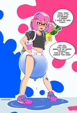 angry black_clothing black_shirt black_topwear blush bodily_fluids clothed clothing crop_top cross-popping_vein diaper diaper_fetish facial_markings female footwear genital_fluids hair head_markings humiliation ink_drip ink_tank_(splatoon) leaking_diaper markings mask_(marking) open_mouth pink_eyes pink_hair pink_ink pointy_ears prick_ears puddle sharp_tooth shirt shoes simple_background solo speech_bubble splattershot stain tentacles text topwear unclean_diaper urine used_diaper wearing_diaper wet_diaper kawaiiomo nintendo splatoon animal_humanoid aquatic aquatic_humanoid cephalopod cephalopod_humanoid humanoid inkling mollusk mollusk_humanoid absurd_res english_text hi_res
