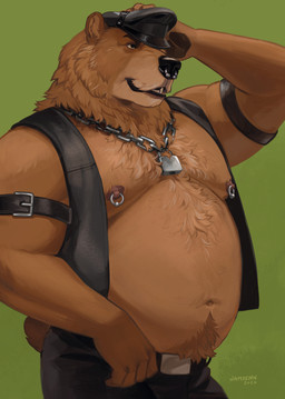 anthro arm_strap belly black_eyes bottomwear brown_body brown_fur chain_necklace clothed clothing facial_piercing fur green_background hand_on_head hat headgear headwear jewelry leather leather_bottomwear leather_clothing leather_hat leather_headgear leather_headwear leather_pants leather_topwear leather_vest male male_anthro musclegut muscular necklace nipple_piercing nipple_ring nipples nose_piercing nose_ring open_mouth overweight overweight_anthro overweight_male pants partially_clothed partially_clothed_anthro partially_clothed_male piercing ring_piercing simple_background solo tail teeth topwear vest jamzenn bear mammal 2026 hi_res