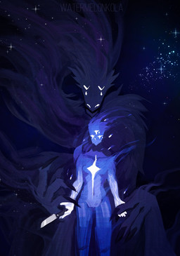 3_eyes ambiguous_gender biped blue_body duo featureless_crotch front_view holding_knife holding_object knife markings multi_eye nude size_difference standing star white_markings kolaa mythology dragon humanoid mythological_creature mythological_scalie scalie hi_res restricted_palette