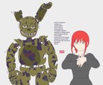 5_fingers anthro clothing comparing damaged duo exposed_endoskeleton female fingers green_body grey_background grey_clothing grey_shirt grey_topwear guts hair light_body light_skin machine male organs red_hair shirt simple_background smile teeth text topwear yellow_eyes emmarrgus chainsaw_man five_nights_at_freddy's five_nights_at_freddy's_3 scottgames makima_(chainsaw_man) springtrap_(fnaf) william_afton_(fnaf) animatronic human lagomorph leporid mammal rabbit robot undead 2022 absurd_res crossover english_text hi_res