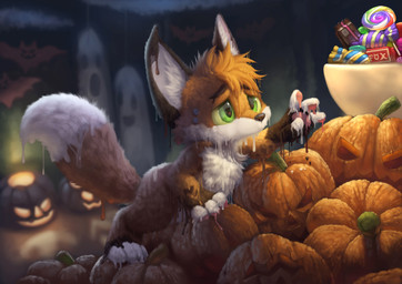 ambiguous_gender anthro bowl brown_body brown_fur candy container countershading dessert dipstick_tail feet feral food fruit fur green_eyes hair holidays inner_ear_fluff jack-o'-lantern lollipop machine markings melting multicolored_tail orange_body orange_fur orange_hair plant pumpkin reaching short_hair solo tail tail_markings toeless_(marking) tuft wax white_body white_fur yellow_sclera silverfox5213 halloween zukaro bat canid canine fox ghost mammal red_fox robot spirit true_fox absurd_res digital_media_(artwork) digital_painting_(artwork) hi_res painting_(artwork)