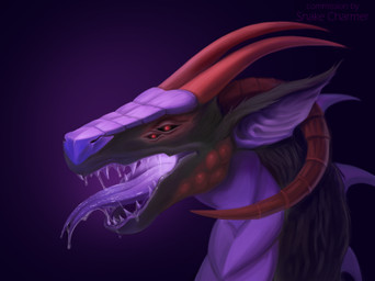 bodily_fluids forked_tongue fur horn male multi_eye open_mouth saliva sharp_teeth side_view solo teeth tongue tongue_out alvanarry mythology dragon hybrid mythological_creature mythological_scalie scalie hi_res