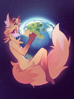 anthro ear_tuft earth female fur globe hug hugging_object looking_at_viewer orange_body orange_fur pink_eyes planet solo space star star_pupils tuft kazumiskill firefox mozilla canid canine fox mammal hi_res