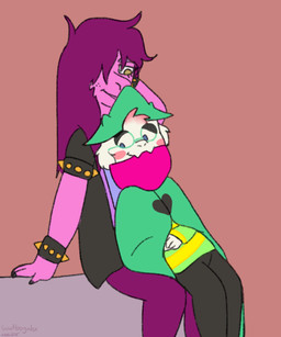 blush bracelet clothing colored_nails cuddling duo eyewear female freckles fur glasses hair hat headgear headwear jewelry long_hair male male/female nails pink_hair scarf spiked_bracelet spikes white_body white_fur yellow_eyes goatboyalex deltarune undertale_(series) ralsei susie_(deltarune) bovid caprine darkner goat mammal scalie 2018 5:6