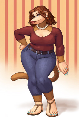 5_fingers 5_toes anthro belt bottomwear breasts brown_body brown_fur brown_hair cleavage clothed clothing colored_nails denim denim_bottomwear denim_clothing digit_ring ear_piercing eyeshadow eyewear feet female fingers fur gem glasses green_nails hair hand_on_hip jeans jewelry lips makeup nails necklace orange_eyes pants pearl_(gem) pearl_necklace piercing red_lips ring shirt short_hair solo standing t-shirt thick_lips thick_thighs toes topwear wedding_ring wide_hips redustheriotact susanne_(redustheriotact) haplorhine mammal monkey primate 2022 hi_res