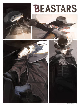 anthro antlers blue_body blue_fur bone cape clothed clothing female fully_clothed fur gesture group hand_gesture hat headgear headwear horn male melee_weapon pointing polearm red_body red_fur scythe simple_background skull text weapon whiskers buttscord beastars adler_(beastars) bill_(beastars) juno_(beastars) legoshi_(beastars) louis_(beastars) bengal_tiger canid canine canis cervine deer felid mammal pantherine red_deer tiger wolf absurd_res hi_res