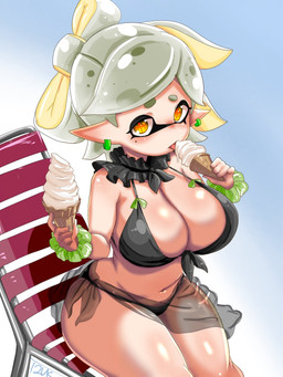 beach_chair big_breasts bikini black_bikini black_clothing black_swimwear breasts clothing dessert eyebrows female food glistening glistening_body glistening_breasts glistening_skin glistening_thighs humanoid_pointy_ears ice_cream navel pointy_ears pseudo_hair sarong sitting solo swimwear tentacle_hair tentacles two-piece_swimsuit wide_hips yellow_eyes t2ukmyjm nintendo splatoon marie_(splatoon) animal_humanoid aquatic cephalopod humanoid inkling mollusk mollusk_humanoid 2026 3:4 hi_res