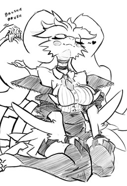 3_fingers accessory anthro anthrofied arm_tuft blush blush_stickers bottomwear breast_tuft breasts brush brushing brushing_hair cheek_tuft claws clothed clothing collar disembodied_hand eyes_closed facial_tuft female fingers fluffy fur hair hands_on_lap happy heart_symbol jacket kneeling leather leather_clothing leather_jacket leather_topwear leggings legwear long_hair necktie office_clothing office_lady personal_grooming pokemorph shoulder_tuft side_boob skirt smile snout solo styling_hair sweater tail thick_tail topwear tuft twintails_(hairstyle) white_body white_fur snoutless nintendo pokemon reshi_(snoutless) generation_5_pokemon legendary_pokemon pokemon_(species) reshiram 2026 digital_drawing_(artwork) digital_media_(artwork) hi_res monochrome sketch