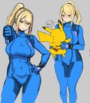 5_fingers ambiguous_gender blonde_hair blue_eyes breasts carrying_another clothing duo female fingers gesture hair hand_gesture light_body light_skin long_hair looking_at_viewer ponytail simple_background speech_bubble text thumbs_down yellow_body zero_suit awesomeerick metroid nintendo pokemon samus_aran generation_1_pokemon human mammal pikachu pokemon_(species) absurd_res crossover english_text hi_res