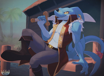 anthro belt blue_body blue_skin boots bottomwear clothing fin fin_piercing footwear furgonomic_piercing furgonomics head_fin holding_melee_weapon holding_object holding_sword holding_weapon longcoat looking_at_viewer male melee_weapon muscular muscular_anthro muscular_male pants pier piercing pirate shirtless_anthro shirtless_male shoes sitting solo sword sword_on_shoulder tail tail_fin water weapon weapon_on_shoulder yellow_eyes drakawa slade_(dungeons_of_aether) aquatic fish shark