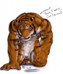 animal_genitalia anthro balls dialogue genitals looking_at_viewer male nude penis penis_tip sheath solo stripes text rwolf felid mammal pantherine tiger english_text