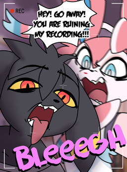 angry anthro anthrofied black_body black_ears black_eyebrows black_fur black_nose blue_eyes blurred_background camera_view clothing duo ear_markings eyebrows fur grey_clothing grey_shirt grey_topwear male markings open_mouth pattern_clothing pattern_topwear photobomb pink_body pink_clothing pink_ears pink_fur pink_inner_ear pink_text pink_topwear pointy_speech_bubble pokemorph pupils recording red_eyes red_nose ribbons_(anatomy) ring_(marking) shirt speech_bubble striped_clothing striped_topwear stripes teeth text tongue tongue_out topwear white_body white_fur white_pupils white_sclera yellow_markings yellow_sclera odeko-yma nintendo pokemon lucky_(odeko-yma) pix_(odeko-yma) eeveelution generation_2_pokemon generation_6_pokemon pokemon_(species) sylveon umbreon 2026 absurd_res english_text hi_res