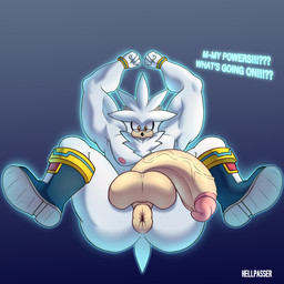 anthro anus balls big_balls big_penis boots butt clothing dialogue flaccid footwear genital_raphe genitals glans glowing hands_above_head huge_balls huge_penis hyper hyper_balls hyper_genitalia hyper_penis male male_anthro muscular muscular_male nipples panicking penis puffy_anus raphe_(anatomy) scrotal_raphe shoes solo spread_legs spreading telekinesis text hellpasser sega sonic_the_hedgehog_(series) silver_the_hedgehog eulipotyphlan hedgehog mammal 1:1 absurd_res english_text hi_res