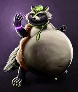 accessory anthro belly big_belly claws fur glowing hair looking_at_hand male mostly_nude mouth_closed navel necktie necktie_only nude obese obese_anthro obese_male overweight overweight_anthro overweight_male smile solo sparks standing tail ian-exe ian_(ian-exe) mammal procyonid raccoon 2021 hi_res signature
