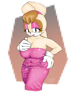 accessory anthro big_breasts breasts clothed clothing dress female gloves hair_accessory handwear lipstick looking_at_viewer makeup mature_anthro mature_female navel_outline nipple_outline simple_background solo thick_thighs wide_hips jenokamui sega sonic_the_hedgehog_(series) vanilla_the_rabbit lagomorph leporid mammal rabbit 2026 hi_res