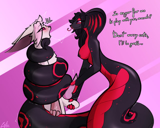 abstract_background anthro apode balls bdsm big_butt big_ears big_penis black_body black_nipples bondage bound breasts butt chest_tuft coiling dominant dominant_female duo erection female femboy genitals gentle_femdom hair hand_on_penis holding_balls holding_penis knot legless male male/female markings nipples nude penis pink_hair purple_eyes red_body serpentine submissive submissive_male tail tail_bondage tail_tied tan_body tapering_penis teasing text tongue tongue_out tuft conditional_dnp lodi_(artist) mizzel_(lodi) draconcopode lagomorph leporid mammal naga rabbit reptile scalie snake 5:4 english_text hi_res