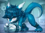 3_toes 4_fingers all_fours anthro blue_body blue_ears blue_eyes blue_fur blue_hair blue_tail blush bodily_fluids claws detailed_background feet finger_claws fingers fur hair inside kemono laboratory looking_at_viewer nude on_ground restrained solo sweat tail toes shoru mythology soul_(dragons0ulz) dragon furred_dragon furred_scalie mythological_creature mythological_scalie scalie 2023 signature