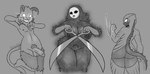 anthro baphomet_(devil_may_cry) big_butt black_body black_eyes black_fur bovid butt caprine caprine_demon claws claws_out clenched_teeth death_scissors_(devil_may_cry) demon drcreamsoul female fist fur fury_(devil_may_cry) genitals glowing glowing_eyes glowing_mouth goat_demon grey_body grey_fur group hi_res horn humanoid male male/female mammal markings mask monochrome nipples penis pubes pussy scalie scissors spiked_tail spikes spikes_(anatomy) spines striped_markings stripes tail teeth thick_thighs trio white_eyes