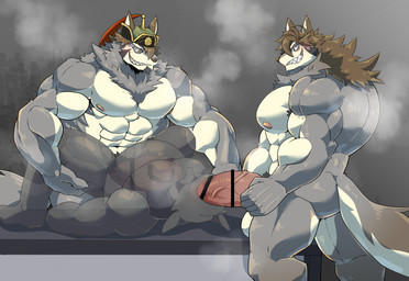 5_fingers anthro clothing fingers genitals group group_sex hat hat_only headgear headgear_only headwear headwear_only humanoid_genitalia humanoid_hands humanoid_penis kemono male male/male mostly_nude muscular muscular_anthro muscular_male muscular_thighs nipples nude_anthro nude_male overweight overweight_male penis rough_sex sex threesome sharkinn lifewonders tokyo_afterschool_summoners anonymous_character temujin_(tas) canid canine canis mammal wolf 2022 absurd_res colored hi_res