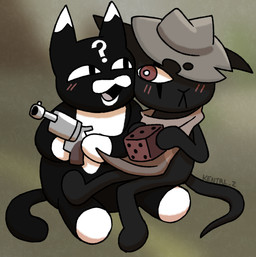 anthro duo gun male male/male ranged_weapon weapon kentrl-z mewgenics gambit_(mewgenics) zodiac_(mewgenics) felid feline mammal
