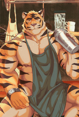 abs anthro apron apron_only bartender broad_shoulders clock clothing cocktail_shaker green_apron green_clothing holding_object looking_at_viewer male muscular muscular_anthro muscular_male nipples pecs sitting solo thick_thighs watch wristwatch mogari_chow felid mammal pantherine tiger hi_res