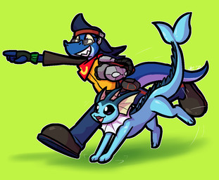 3_toes accessory ambiguous_gender anthro black_clothing black_footwear black_nose black_sclera black_shirt black_shoes black_topwear blue_body blue_bottomwear blue_clothing blue_fur blue_hair blue_pants blue_scales bottomwear clothing duo eyewear feet fin fingerless_gloves footwear fur glasses gloves green_clothing green_gloves green_handwear grey_eyewear grey_glasses grin hair handwear head_fin headband male open_mouth pants pose purple_eyes red_headband scales sharp_teeth shirt smile tail tail_fin teeth toes topwear white_eyes yellow_clothing yellow_sclera yellow_shirt yellow_topwear ultilix nintendo pokemon ulti_(ultilix) eeveelution generation_1_pokemon lizard pokemon_(species) reptile scalie vaporeon 2026