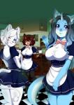 anthro bar beverage big_breasts blue_eyes blush bottomwear breasts clothed clothing female footwear fur furgonomics green_eyes group hair heterochromia horn legwear maid_uniform open_mouth skirt smile stockings tail tail_through_skirt thick_thighs trio uniform waiter white_body white_fur hoshicchi eklund_daily_life_in_a_royal_family nintendo pokemon saber_(firestorm3) dragonair felid generation_1_pokemon lion mammal pantherine pokemon_(species) 2018 digital_media_(artwork) hi_res