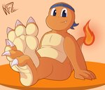 3_toes anthro bandanna blue_eyes claws countershade_feet countershading crossed_ankles crossed_feet curling_toes cute_fangs feet feet_together feet_up fire foot_focus front_view happy kerchief looking_at_viewer male orange_body perspective presenting simple_background smile soles solo toe_claws toes white_claws wrinkles weirdofunzone nintendo pokemon eddy_(includefireio) charmander generation_1_pokemon pokemon_(species) hi_res