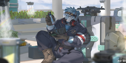 accessory anthro beard belt black_belt black_nose blue_beard blue_body blue_eyes blue_facial_hair blue_fur blue_hair body_hair brown_clothing brown_footwear brown_shoes chest_hair clothed clothing facial_hair footwear front_view fur grey_clothing grey_overalls hair headband holding_object male male_anthro messy_hair mouth_closed one_eye_closed overalls shoes short_hair sitting solo awaldkize bear mammal absurd_res hi_res