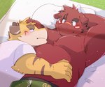 anthro bed blush bulge clothing duo furniture hug kemono lying male male/male musclegut muscular pillow shirt slightly_chubby topwear underwear green_bell bovid bovine cattle felid mammal pantherine tiger 2023 absurd_res hi_res