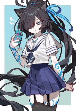 ahoge arm_tattoo bangs black_hair black_nails blue_eyes breasts chest_tattoo clothing colored_nails devious devious_grin electronics emanata eyebrows eyelashes female flowing_hair garter_belt garter_straps hair hair_over_eye half-closed_eyes holding_object holding_phone inner_ear_fluff keychain leg_tattoo legwear long_hair looking_at_viewer markings nails narrowed_eyes one_eye_obstructed phone ponytail pose pupils school_uniform simple_background slit_pupils small_breasts smile smiling_at_viewer smirk smirking_at_viewer smug solo sticker stickers_on_object tattoo thick_thighs thigh_highs tuft uniform white_body ebora ponos_corp. the_battle_cats basic_cat fish_cat_(the_battle_cats) gross_cat kasli kasli_the_bane tank_cat animal_humanoid felid felid_humanoid feline feline_humanoid humanoid mammal mammal_humanoid 2025 digital_drawing_(artwork) digital_media_(artwork) hi_res portrait