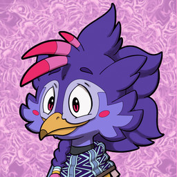beak braided_hair clothing feathers hair multicolored_body multicolored_feathers multicolored_hair poncho purple_body purple_feathers red_eyes smile white_sclera yellow_beak trevor-fox nintendo pngtuber the_legend_of_zelda trevor-fox_(character) avian rito 1:1 animated short_playtime