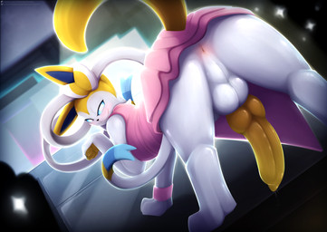 animal_genitalia animal_penis anus backsack balls blush bodily_fluids butt canine_genitalia canine_penis clothing dress erection feral genital_fluids genitals knot looking_at_viewer looking_back male penis precum presenting presenting_hindquarters public raised_tail rear_view solo stage tail thick_thighs visionaryserpent nintendo pokemon canid canine eeveelution generation_6_pokemon mammal pokemon_(species) sylveon 2026 absurd_res hi_res