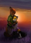 anthro clothed clothing countershading duo female fully_clothed hug male outside sunset conditional_dnp latex_(artist) disney zootopia alyx_(latex) nick_wilde canid canine domestic_cat felid feline felis fox mammal red_fox true_fox