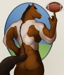 american_football anthro back_muscles biceps blue_eyes brown_body butt fur hand_on_hip looking_at_viewer looking_back looking_back_at_viewer male mane multicolored_body muscular muscular_anthro muscular_male nude nude_anthro nude_male pose rear_view simple_background smile solo spinning_ball sport standing tail two_tone_body white_body corrsk equid equine horse mammal digital_media_(artwork) hi_res portrait three-quarter_portrait