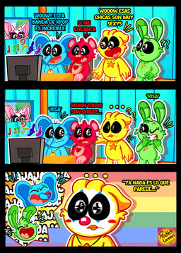 anthro blue_body clown_makeup female green_body group male red_body text white_body yellow_body rocketlennon mob_entertainment nightmare_critters poppy_playtime smiling_critters bobby_bearhug bubba_bubbaphant hoppy_hopscotch kickinchicken rabie_baby_(poppy_playtime) avian bat bear bird chicken elephant elephantid galliform lagomorph leporid mammal phasianid proboscidean rabbit absurd_res hi_res spanish_text