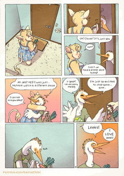 5_fingers anthro barefoot blush bottomwear breasts clothed clothed_anthro clothed_female clothed_male clothing day dialogue door dress duo feathers feet female fingers food fur hooves hug humanoid_hands interspecies knocking knocking_on_door leek male male/female nervous onion page_number plant shirt shorts speech_bubble standing tail tan_body tan_fur text tongue topwear vegetable white_body white_feathers kantachibli clover_(kantachibli) phillip_(kantachibli) avian bird bovid bovine cattle heron mammal pelecaniform comic english_text hi_res url