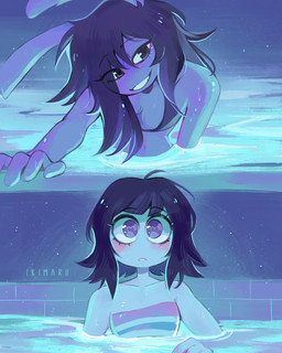 anthro black_hair blush brick clothing duo eyelashes female female/female fur hair hair_over_eye heart_eyes heart_symbol looking_at_another partially_submerged purple_body purple_fur reaching_out swimming_pool swimwear teeth white_body white_skin ikimaru i'll_teach_you_everything_(chainsaw_man) human lagomorph leporid mammal rabbit hi_res signature trans_(lore) trans_woman_(lore)