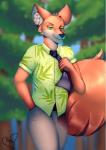 anthro artaccusations canid canine clothing disney fox fur hi_res male mammal nick_wilde plant red_fox smile solo tree true_fox zootopia