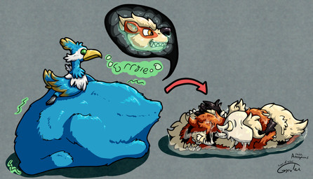 abdominal_bulge avian_feet beak blue_body bodily_fluids disposal facial_markings feathered_crest feathered_wings feathers feet feral feral_pred feral_prey green_eyes head_crest head_markings internal male male_pred markings mask_(marking) membrane_(anatomy) organs pellet stomach stomach_acid tail tail_feathers toes vore webbed_feet white_markings wings yellow_markings anonymous_artist gyrotech nintendo pokemon fan_character thunk_(gyro) avian cramorant generation_8_pokemon pokemon_(species) hi_res