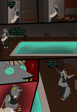 anthro blood bodily_fluids bottomwear cargo_pants clothing crop_top dead_plant dialogue fangs female hair pain pants plant plant_pot ponytail pots potted_plant radiation sabertooth_(anatomy) shirt solo staff swimming_pool tail teeth text topwear wounded trichternet rhea_(trichternet) sabertooth_feline comic english_text hi_res
