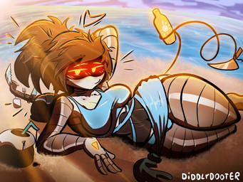 antlers armor beach belly beverage big_breasts bikini black_body blue_clothing blue_swimwear blush blush_lines bottle breasts brown_hair cannibalism clothing container drinking_straw female flirting flirting_with_viewer glass glass_bottle glowing glowing_eyes grey_body hair hard_hat hat headgear headwear heart_symbol hearts_around_head helmet horn huge_thighs knife knife_tail looking_at_viewer machine metallic_body oil orange_eyes orange_soda ponytail pose sand sea seductive segmented_body severed_body_part severed_head smile smug smug_grin soda soda_bottle solo sunset swimwear tail text thick_thighs two-piece_swimsuit water weapon_tail white_body white_text wide_hips diddlydooter1 glitch_productions murder_drones alice_(murder_drones) humanoid robot robot_humanoid worker_drone 4:3 artist_name digital_drawing_(artwork) digital_media_(artwork) hi_res signature