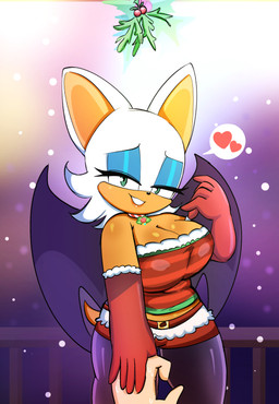 anthro armwear big_breasts bottomwear breasts cleavage clothed clothing disembodied_hand elbow_gloves female first_person_view gloves hand_holding handwear heart_symbol holidays holly_(plant) hotpants leggings legwear looking_at_viewer membrane_(anatomy) membranous_wings plant shorts snow solo topwear tube_top wings onibi christmas sega sonic_the_hedgehog_(series) rouge_the_bat bat mammal absurd_res hi_res