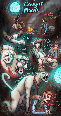 anal anal_penetration animal_genitalia animal_penis balls belt_buckle bite biting_lip bodily_fluids boots bottomwear bottomwear_down buckle chest_tuft claws clothed clothing cowboy cowboy_boots cowboy_hat cowboy_outfit cutlery dialogue doggystyle dripping duo facial_hair feline_genitalia feline_penis footwear from_behind_position genital_fluids genitals glowing glowing_eyes hat headgear headwear human_to_feral kerchief kitchen_utensils light loss_of_control male male/male male_penetrated male_penetrating male_penetrating_male moon moonlight mustache neckerchief neckwear open_mouth pants pants_around_thighs pants_down partially_clothed penetration penile penile_penetration penis precum precum_drip ringed_eyes sex shoes species_transformation spiral spoon teeth_showing text tools topwear torn_clothing transformation transformation_sequence tuft vest greengod animal_humanoid cougar felid felid_humanoid feline human humanoid mammal mammal_humanoid werecreature werefelid absurd_res english_text hi_res