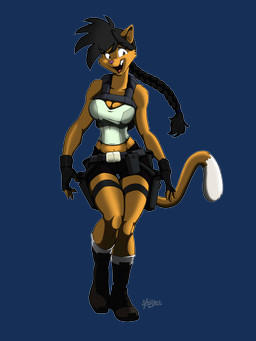 4_fingers anthro athletic athletic_anthro athletic_female backpack belt black_hair boots bottomwear braided_hair breasts brown_body brown_eyes brown_fur cleavage clothed clothing cosplay dipstick_tail eyebrows eyelashes female fingerless_gloves fingers footwear fur gloves gun hair handwear inner_ear_fluff markings midriff multicolored_tail navel open_mouth open_smile pink_nose ponytail ranged_weapon shirt shoes shorts smile solo standing tail tail_markings tank_top teeth thigh_gap tongue topwear tuft weapon wide_hips wendel_fragoso tomb_raider deborah_bispo lara_croft domestic_cat felid feline felis mammal 2014 3:4 absurd_res alpha_channel hi_res
