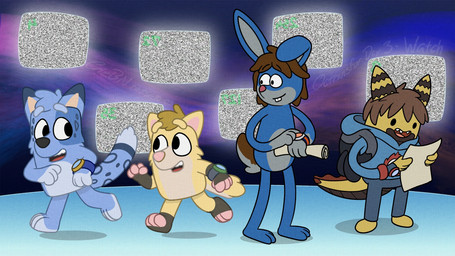 ambiguous_gender anthro armwear black_nose blonde_eyebrows blue_body blue_eyebrows brown_hair buckteeth circle_shadow clock clothing dipstick_ears dot_eyes ear_markings eye_contact eyebrow_through_hair eyebrows floppy_ears group hair head_tuft holding_object holding_paper leopard_spots looking_at_another looking_at_paper multicolored_body multicolored_ears paper pink_nose rolled_paper scut_tail shadow short_tail simple_eyes spots static style_emulation tail teeth text translucent translucent_hair tuft two_tone_body watch wristwatch yellow_body crizbn adventure_time bluey_(series) cartoon_network regular_show alligator alligatorid canid canine crocodilian lagomorph leporid mammal rabbit reptile scalie 16:9 2025 english_text hi_res widescreen