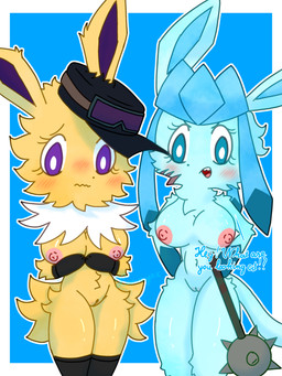 anthro anthrofied blue_background blue_body blue_eyes blue_fur blush border breasts clothing duo eyelashes eyewear facial_scar footwear fur genitals glasses gloves handwear hat headgear headwear looking_at_viewer melee_weapon morning_star_(weapon) mostly_nude navel nipples nude open_mouth outline pokemorph purple_eyes purple_inner_ear scar simple_background socks standing talking_to_viewer teeth text thick_thighs vulva weapon white_body white_border white_fur white_outline yellow_body yellow_fur xammyxx nintendo pokemon fan_character eeveelution generation_1_pokemon generation_4_pokemon glaceon jolteon pokemon_(species) 2025 3:4 absurd_res digital_media_(artwork) english_text hi_res ibispaint_(artwork) shaded signature soft_shading watermark