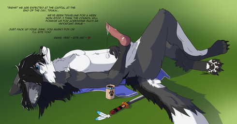 animal_genitalia anthro black_body black_fur blue_eyes bodily_fluids claws clothing container cup dialogue dripping feathers finger_claws flirting fur genital_fluids genitals grey_body grey_fur inner_ear_fluff knot knot_grab knotted_penis lying male nude on_back paw_tuft pawpads paws penis precum precum_drip presenting sheath simple_background solo teasing toe_claws tuft weapon whiskers white_body white_fur ikita mitsukai_aogami canid canine canis fox hybrid mammal wolf absurd_res digital_drawing_(artwork) digital_media_(artwork) hi_res shaded simple_shading