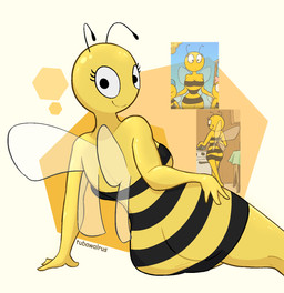 2_antennae 4_fingers antennae_(anatomy) anthro black_antennae black_eyes breasts clothed clothed_anthro clothed_female clothing dress eyelashes female female_anthro fingers insect_wings looking_at_viewer looking_back looking_back_at_viewer pattern_clothing pattern_dress smile solo striped_clothing striped_dress stripes text translucent translucent_wings white_sclera wings yellow_body yellow_breasts tubawalrus oleina russian_cooking_oil_commercial lena_the_bee arthropod bee hymenopteran insect artist_name hi_res reference_image watermark